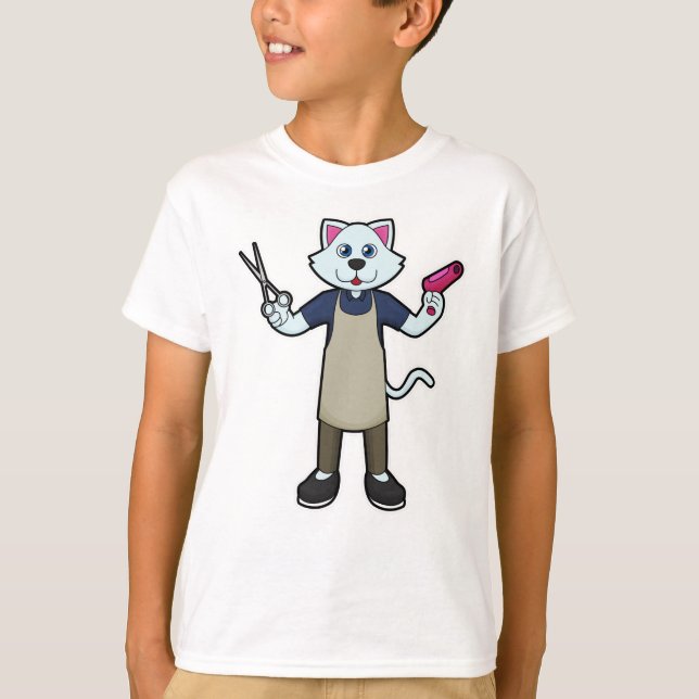 Camiseta Gato como cabeleireiro com tesoura e secador de ca (Frente)