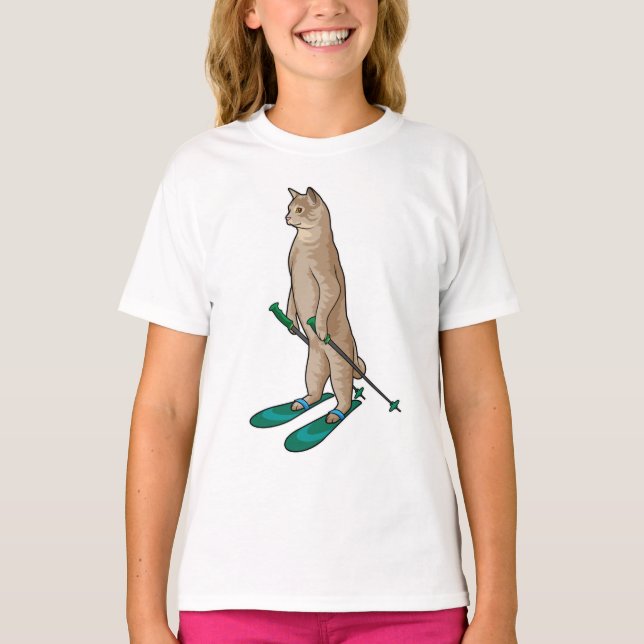 Camiseta Gato como esquiador com bastões de esqui e esqui (Frente)