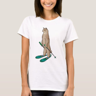 Camiseta Gato como esquiador com bastões de esqui e esqui