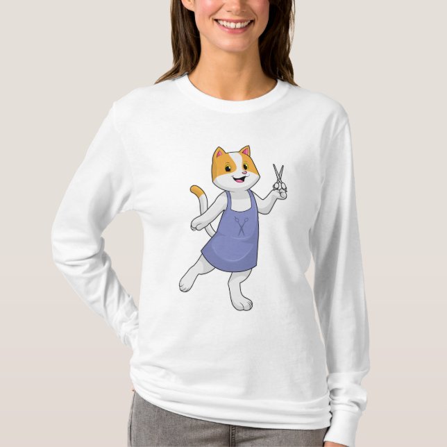 Camiseta Gato como estilista de cabelo com tesoura (Frente)