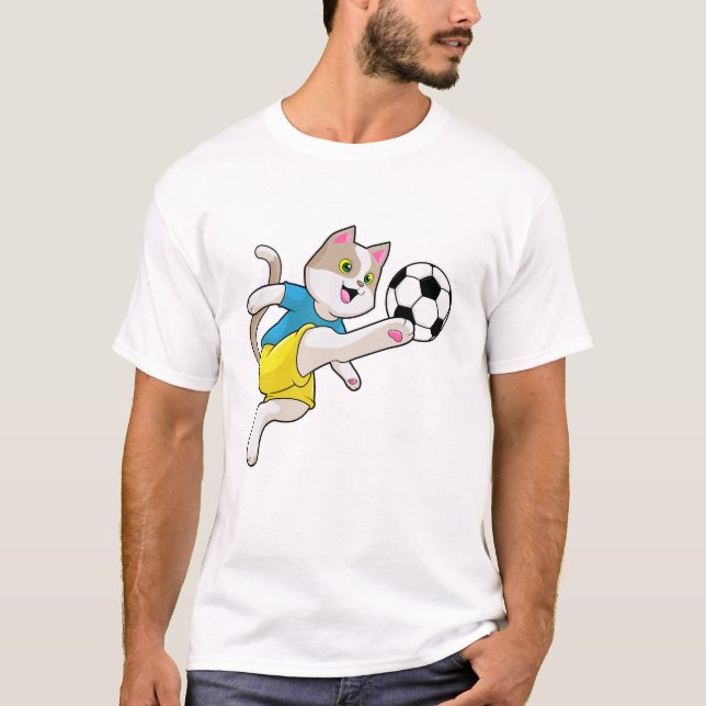 Camiseta Gato como jogador de futebol com bola de futebol (Frente)