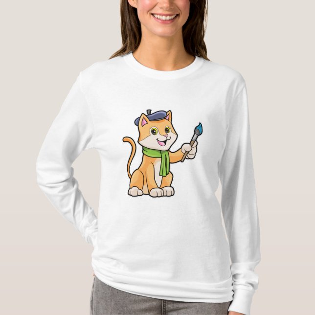 Camiseta Gato como Pintor com Pincel e Escarpo (Frente)