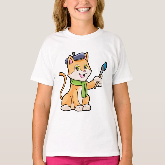 Camiseta Gato como Pintor com Pincel e Escarpo (Frente)