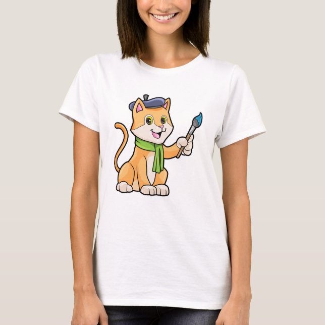 Camiseta Gato como Pintor com Pincel e Escarpo (Frente)