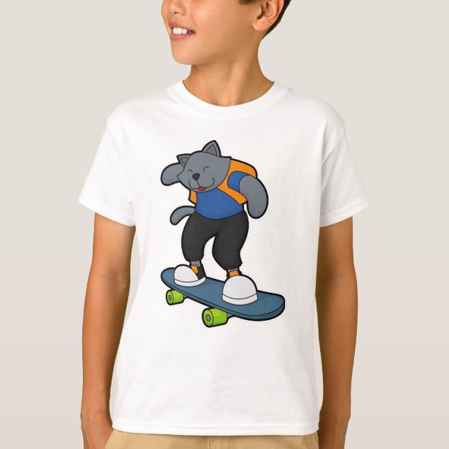 Camiseta Gato como skateboarder com skate (Frente)
