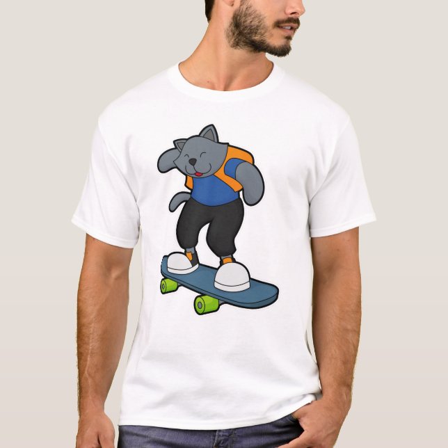 Camiseta Gato como skateboarder com skate (Frente)