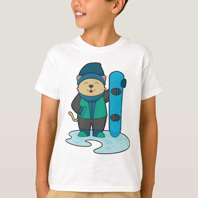 Camiseta Gato como Snowboarder com Snowboard (Frente)