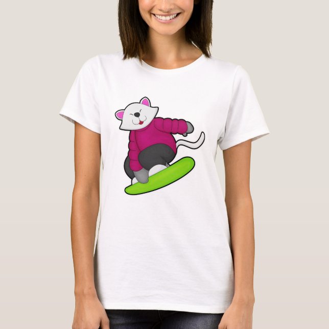 Camiseta Gato como Snowboarder com Snowboard (Frente)