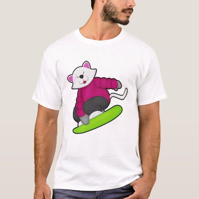 Camiseta Gato como Snowboarder com Snowboard (Frente)