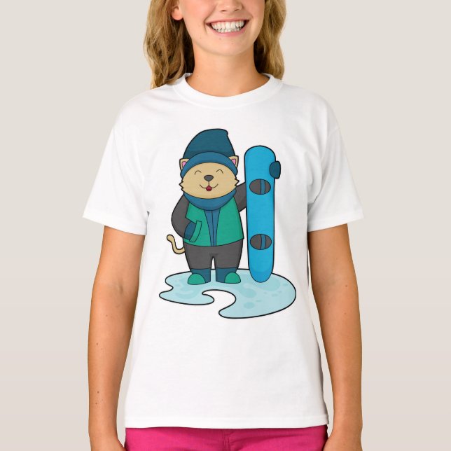 Camiseta Gato como Snowboarder com Snowboard (Frente)