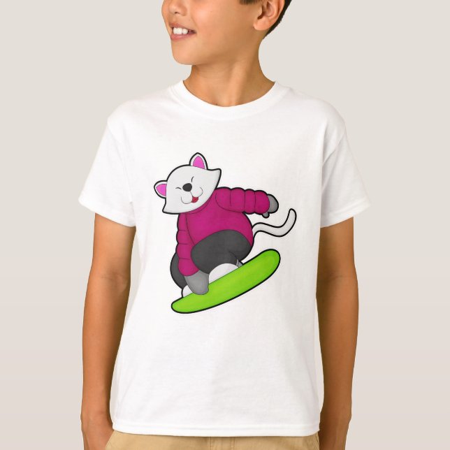 Camiseta Gato como Snowboarder com Snowboard (Frente)