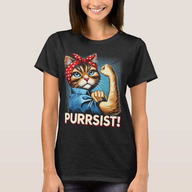Camiseta Gato Confidente "PURRSIST!" Design Retrô (Frente)