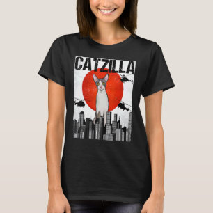 Camiseta Gato Cornish Rex Catzilla Japonês Vintage Engraçad