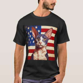 Camiseta Gato Cornish Rex Diante da Bandeira dos EUA