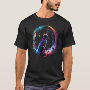 Camiseta Gato Cósmico Lua Crescente e Nuvens Coloridas Lega