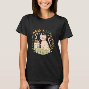 Camiseta Gato Cottagecore com Flores Silvestres e Cabana Ac