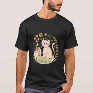 Camiseta Gato Cottagecore com Flores Silvestres e Cabana Ac