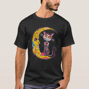 Camiseta Gato Crânio E Lua Dia De Los Muertos México
