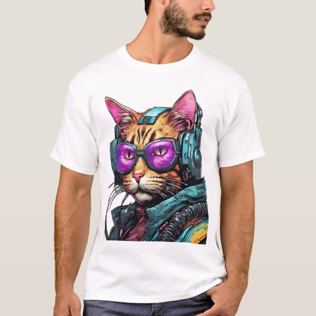 Camiseta Gato Cyberpunk Futurístico (Frente)
