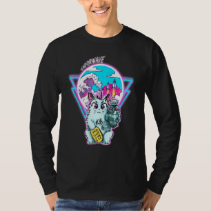 Camiseta Gato Cyberpunk Maneki-Neko Com Estilo De Onda De V