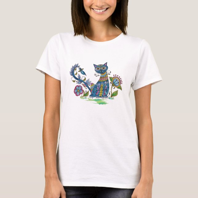 Camiseta Gato da arte popular com atitude (Frente)