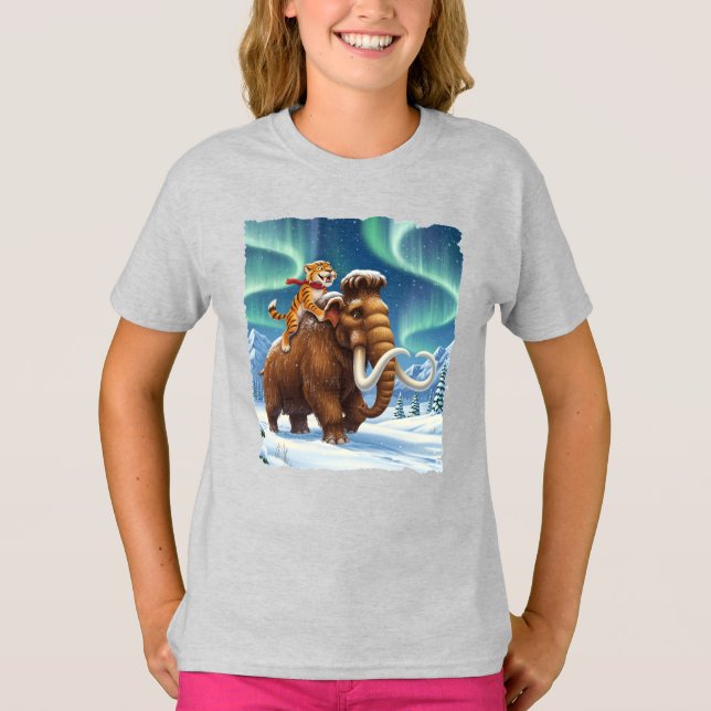 Camiseta Gato da era glacial cavalgando nas costas de um ve (Frente)
