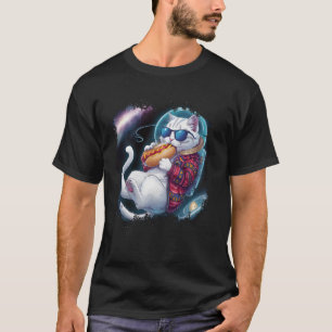 Camiseta Gato da Galáxia Comendo Cachorro Quente Astronauta