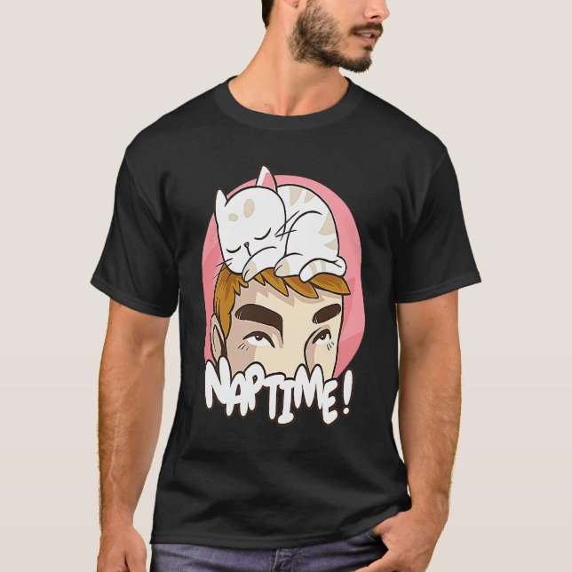 Camiseta Gato da hora da soneca dorme na cabeça (Frente)