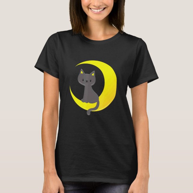 Camiseta Gato da Lua Adorável Luar Crescente Gatinho Ni (Frente)