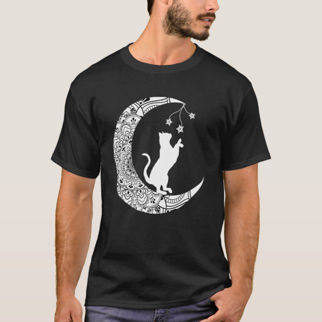 Camiseta Gato da Lua Mandala de Gato Divertido Lua Crescent (Frente)