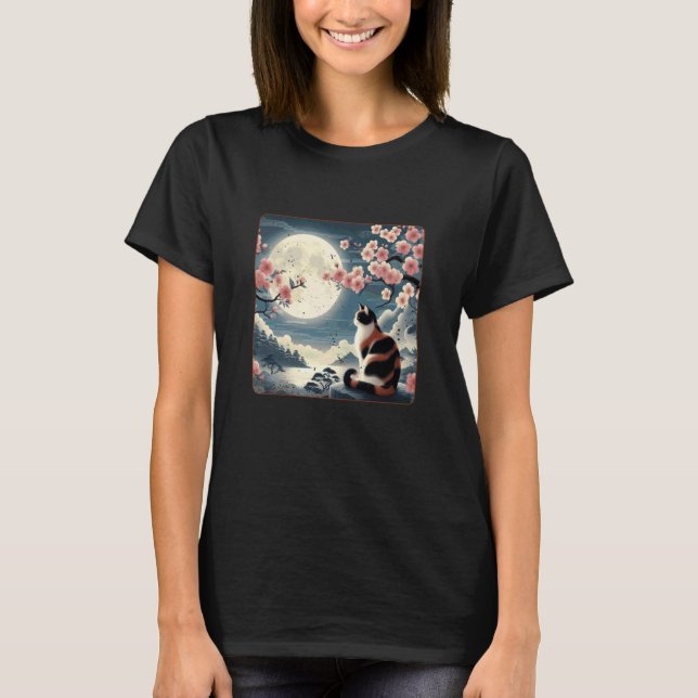 Camiseta Gato da Montanha Japonesa sob a Lua Sakura Cherry  (Frente)