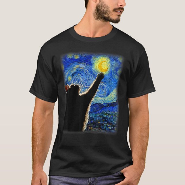 Camiseta Gato da Noite Estrelada de Van Gogh - Ajuste Cláss (Frente)