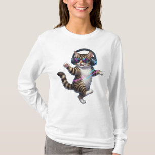 Camiseta Gato Dançante Legal com Fones de Ouvido e Óculos d
