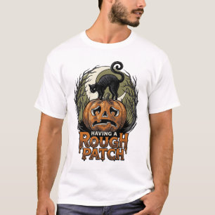 Camiseta Gato de Abóbora de Halloween Remendo Áspero Gravaç