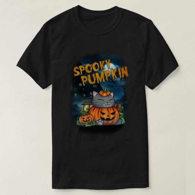 Camiseta Gato de Abóbora de Halloween Spooky (Frente do Design)