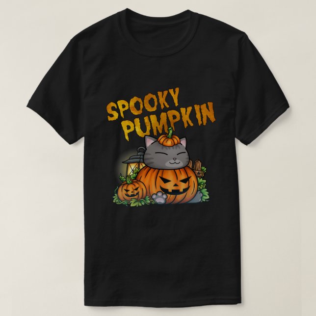 Camiseta Gato de Abóbora de Halloween Spooky (Frente do Design)