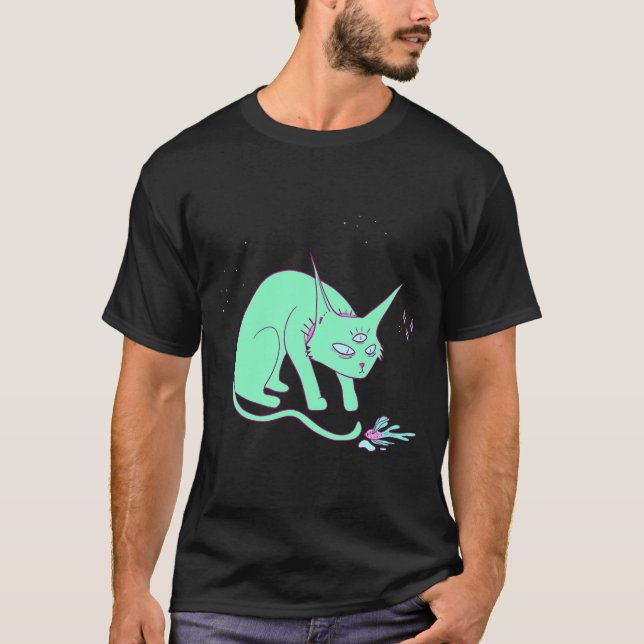Camiseta Gato De alienígena Com Peixe (Frente)