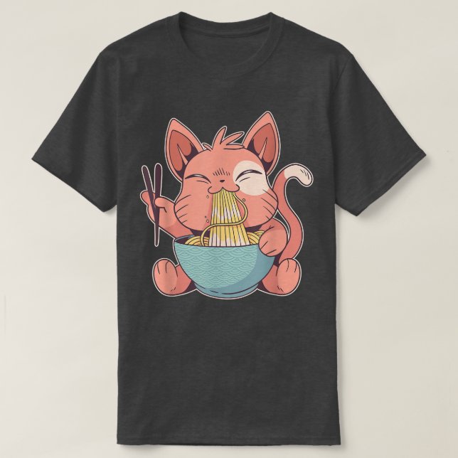 Camiseta Gato de anime bonito alimenta massa em sopa de ram (Frente do Design)