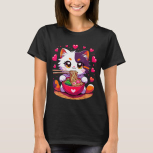 Camiseta Gato de Anime Comendo Macarrão com Corações Valent