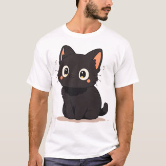 Camiseta Gato de anime preto e bonito Kawaii sorrindo