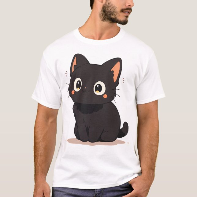Camiseta Gato de anime preto e bonito Kawaii sorrindo (Frente)