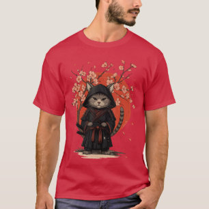 Camiseta Gato de Anime Vintage Arte Japonesa Gato Samurai E