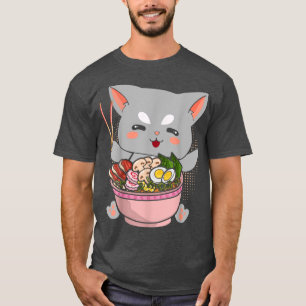 Camiseta Gato de Animo Japonês Comendo Ramen Noodles Otaku
