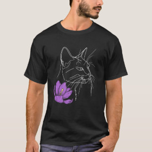 Camiseta Gato de Arte de Linha Minimalista com Flor Colorid