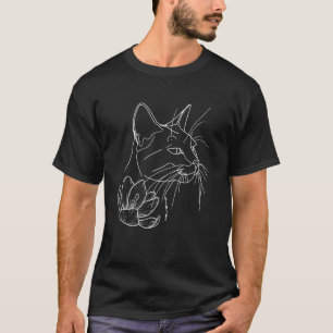 Camiseta Gato de Arte de Linha Minimalista com Flor Elegant