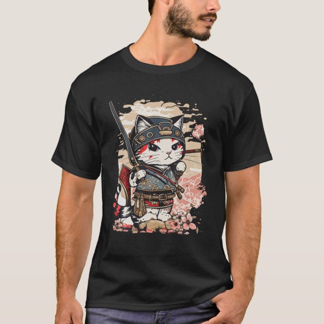 Camiseta Gato de Arte Japonês Ninja Ukiyo e Anime Style Sam (Frente)