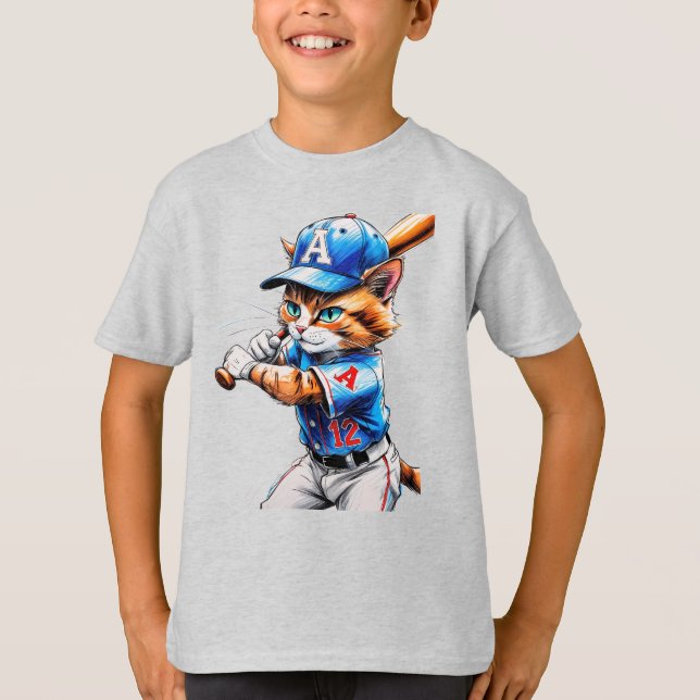 Camiseta Gato de beisebol jovem de uniforme com seu taco! (Frente)
