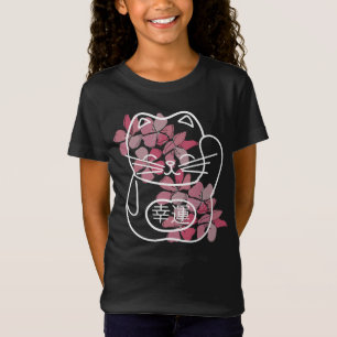 Camiseta Gato de Boa Sorte Japonês com Flores Sakura Rosa