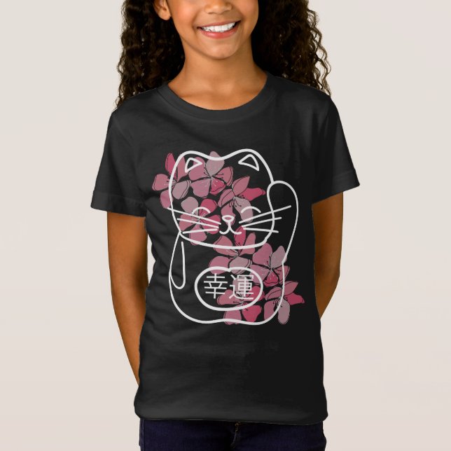 Camiseta Gato de Boa Sorte Japonês com Flores Sakura Rosa (Frente)