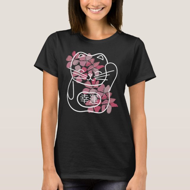 Camiseta Gato de Boa Sorte Japonês com Flores Sakura Rosa (Frente)